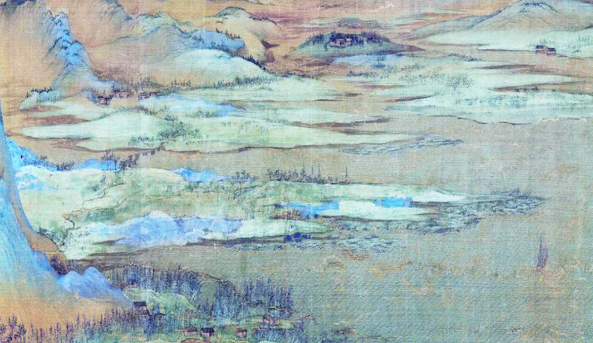 Du fleuve Jaune au fleuve Bleu - Illustration : Wang Ximeng王希孟, Qianli jiangshan tu 千里江山圖(détail)