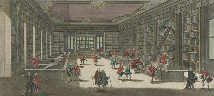 Habiter la bibliothèque des Lumières : la bibliothèque de l’université de Göttingen (gravure, 1740) (BnF, LI-72 (6)-FOL)