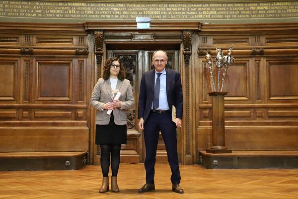 Prix solennes de la chancellerie 2023. Elisa Lonati, lauréate, avec Michel Hochmann, président de l'EPHE-PSL